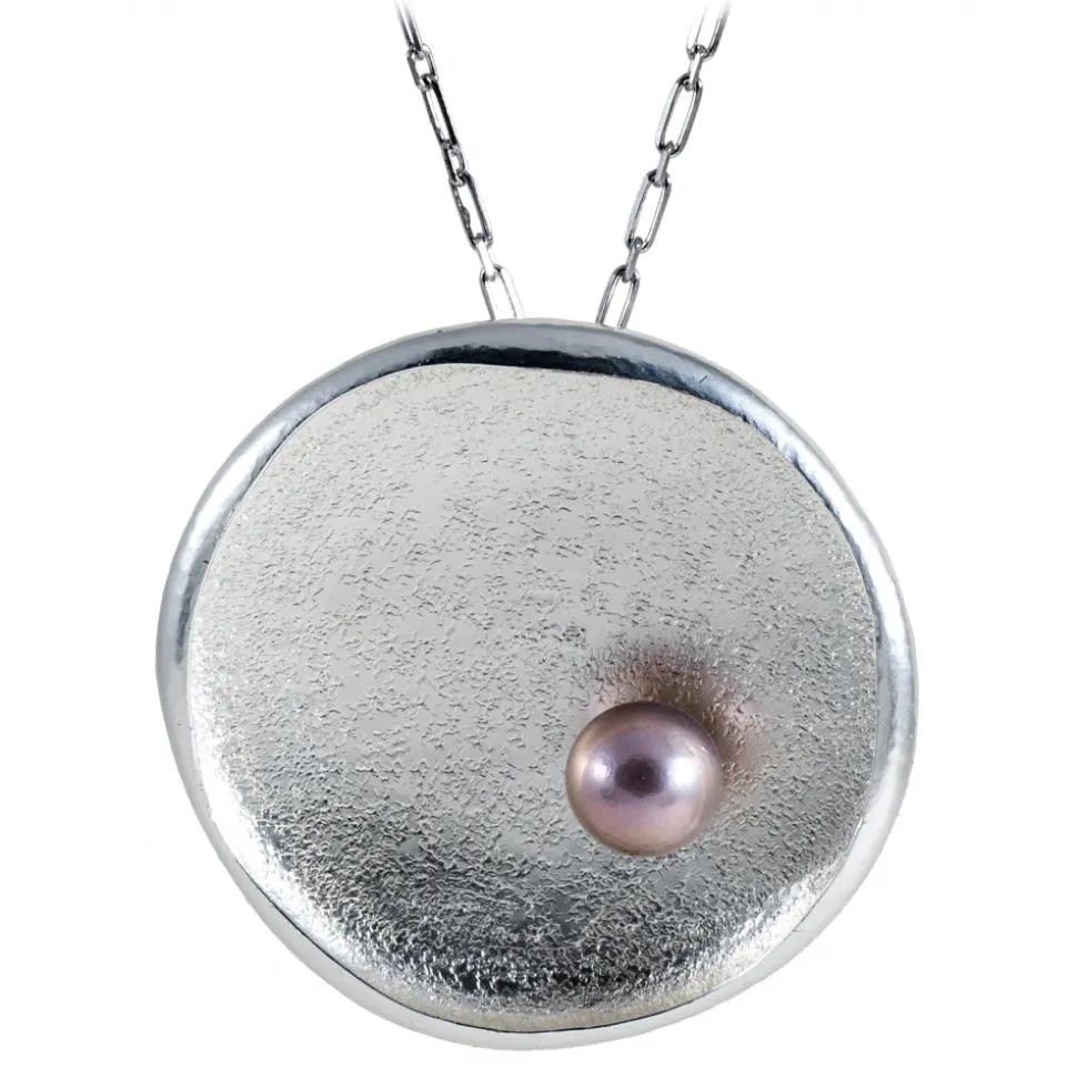 Ab Ove - Round Flat Big Pendant in Silver with River Pearl - Venus Collection - Handcrafted Earrings - High Quality Luxury - Avvenice