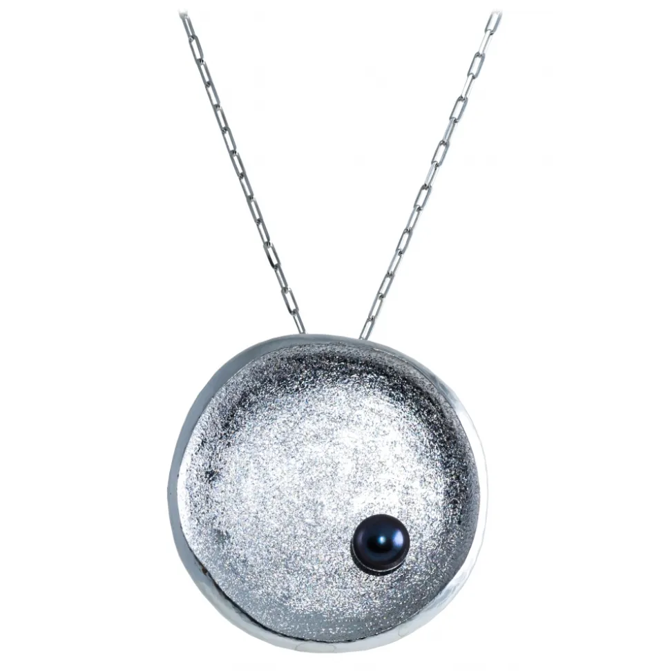 Ab Ove - Round Flat Big Pendant in Silver with River Pearl - Venus Collection - Handcrafted Earrings - High Quality Luxury - Avvenice