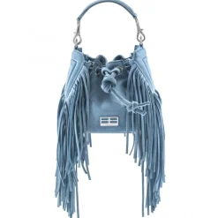 Aleksandra Badura - Lucky Bucket Bag Mini - Fringe Bucket Bag - Sky - Luxury High Quality Leather Bag - Avvenice