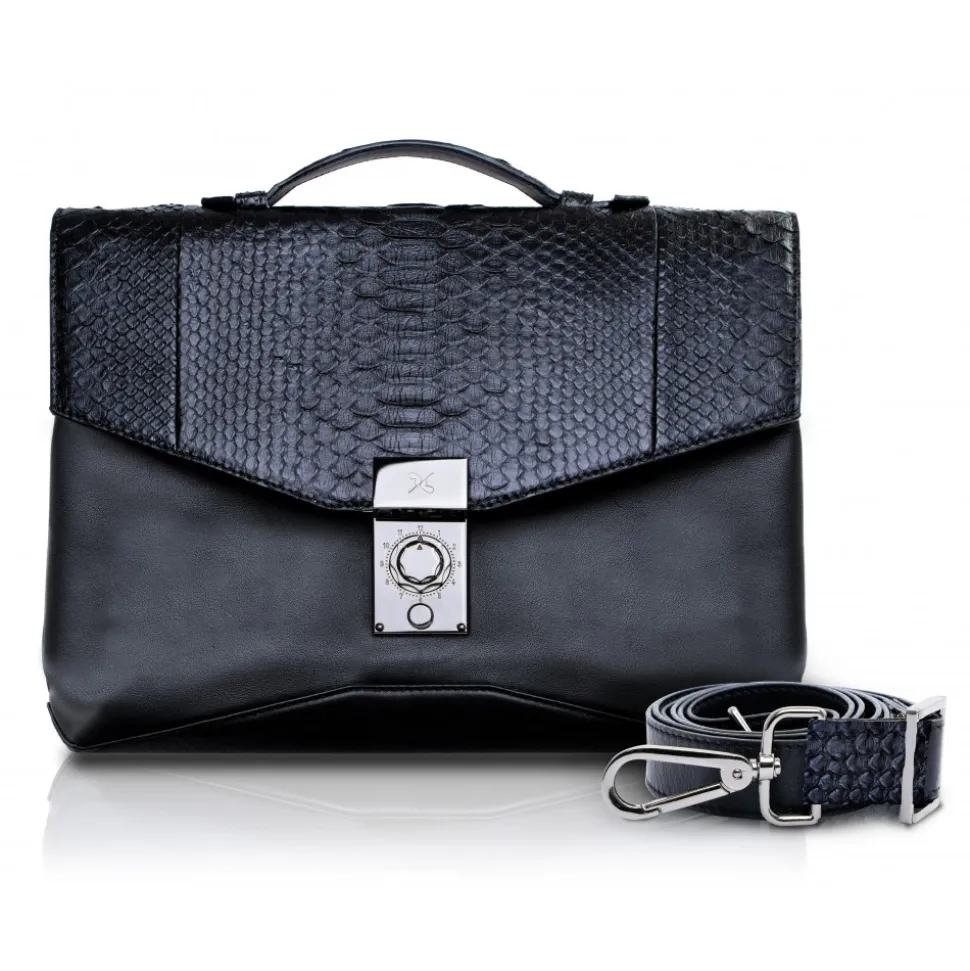 Ammoment - Python in Black - Leather Briefcase - Orion Business Bag - Avvenice