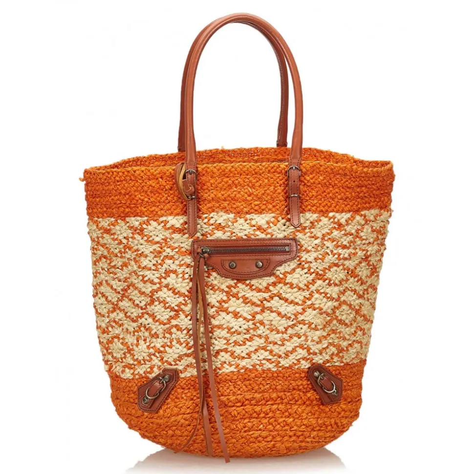 Balenciaga Vintage - Motocross Classic Panier Basket Bag - Orange White - Leather and Straw Handbag - Luxury High Quality - Avvenice