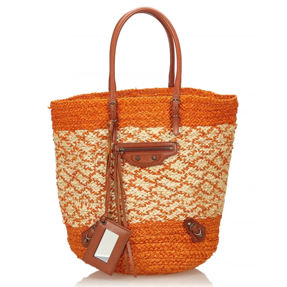 Balenciaga Vintage - Motocross Classic Panier Basket Bag - Orange White - Leather and Straw Handbag - Luxury High Quality - Avvenice