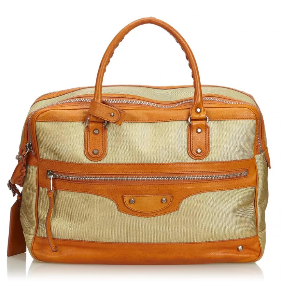 Balenciaga Vintage - Nylon Travel Bag - Brown Beige - Leather and Canvas Handbag - Luxury High Quality - Avvenice