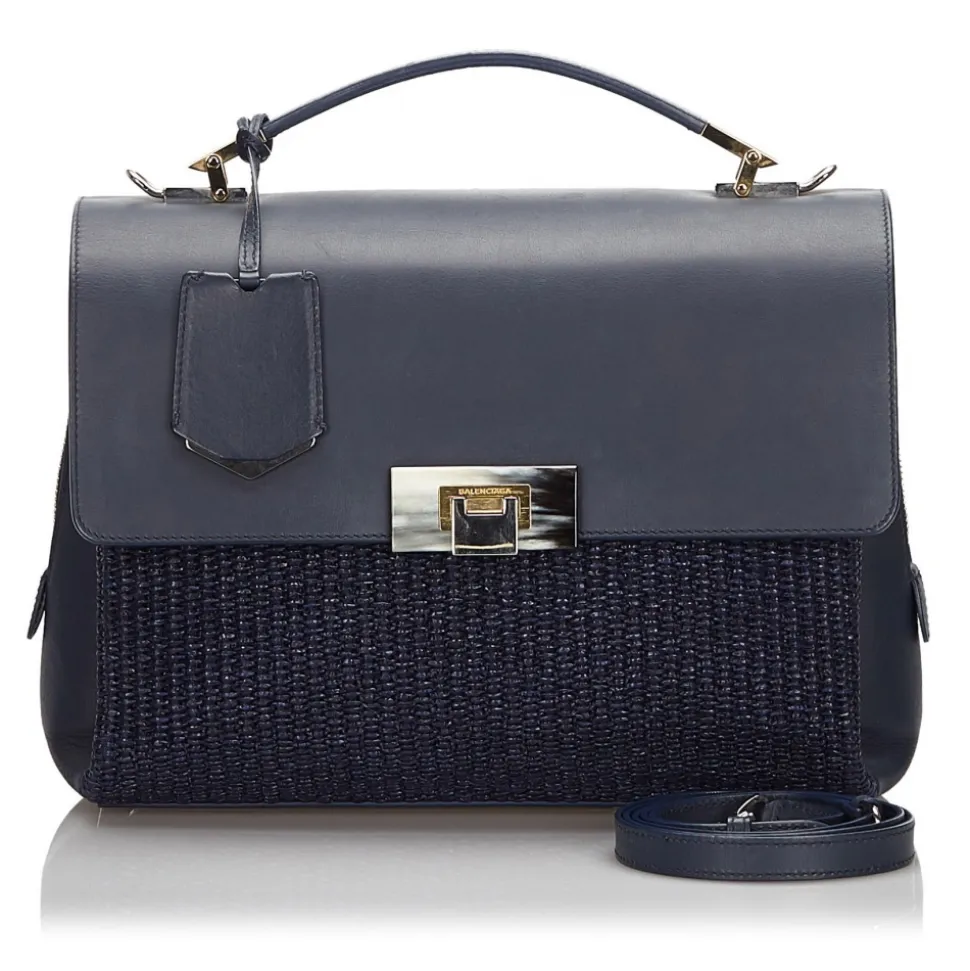 Balenciaga Vintage - Straw Le Dix Satchel - Blue Navy - Straw and Leather Handbag - Luxury High Quality - Avvenice