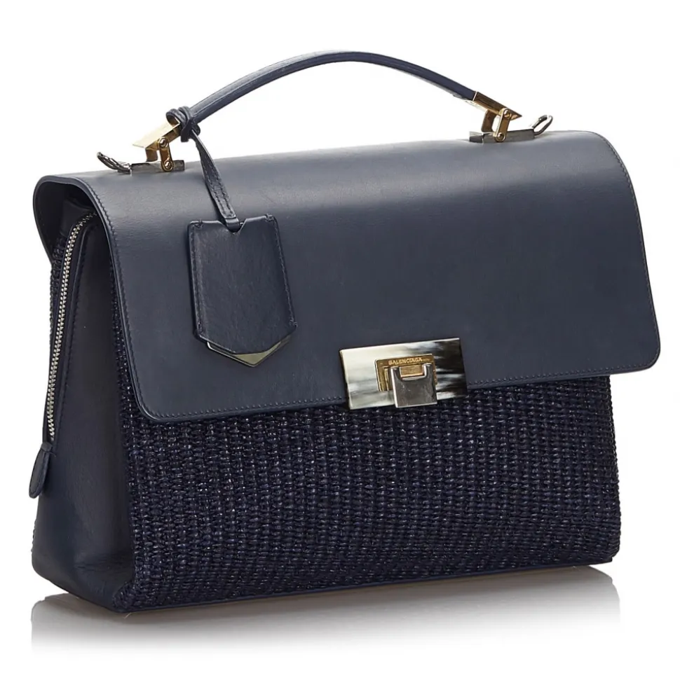 Balenciaga Vintage - Straw Le Dix Satchel - Blue Navy - Straw and Leather Handbag - Luxury High Quality - Avvenice