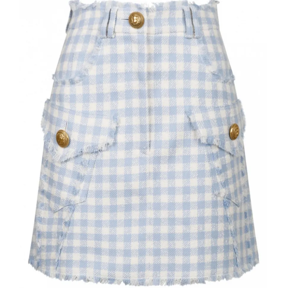 Balmain - Gingham Tweed A-Line Skirt - Blue - Balmain Exclusive Luxury Collection - Avvenice