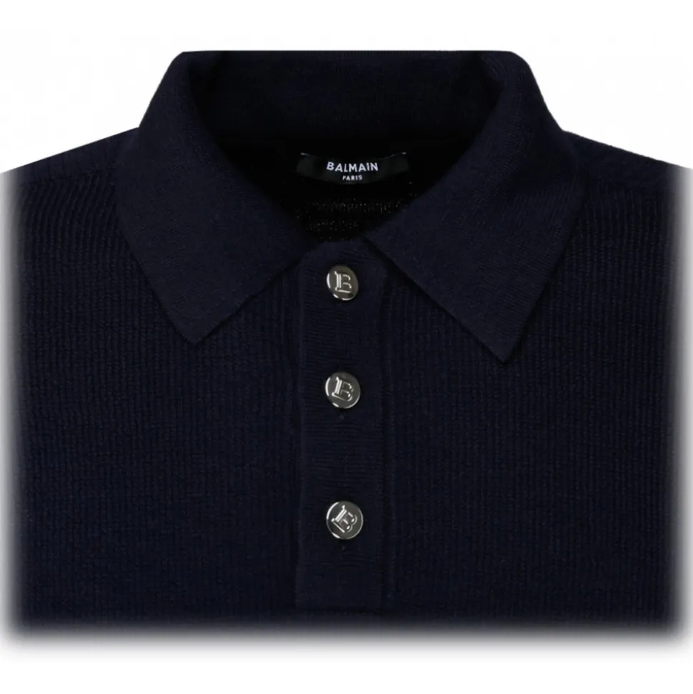 Balmain - Wool Logo Patch Polo Shirt - Navy Blue - Balmain Exclusive Luxury Collection - Avvenice