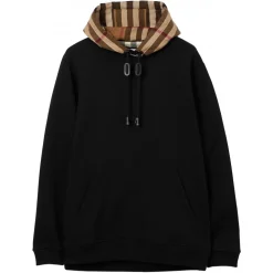 Burberry - Cotton Blend Hooded Sweatshirt with Tartan Pattern - Black / Birch Brown - Exclusive Burberry Collection - Avvenice