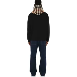 Burberry - Cotton Blend Hooded Sweatshirt with Tartan Pattern - Black / Birch Brown - Exclusive Burberry Collection - Avvenice