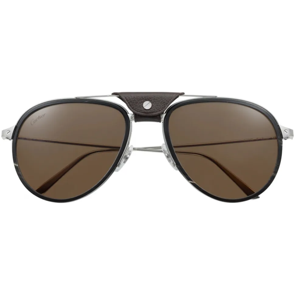 Cartier - Aviator - Metal Black Horn Carbon Platinum Pola Brown - Santos de Cartier - Sunglasses - Cartier Eyewear - Avvenice