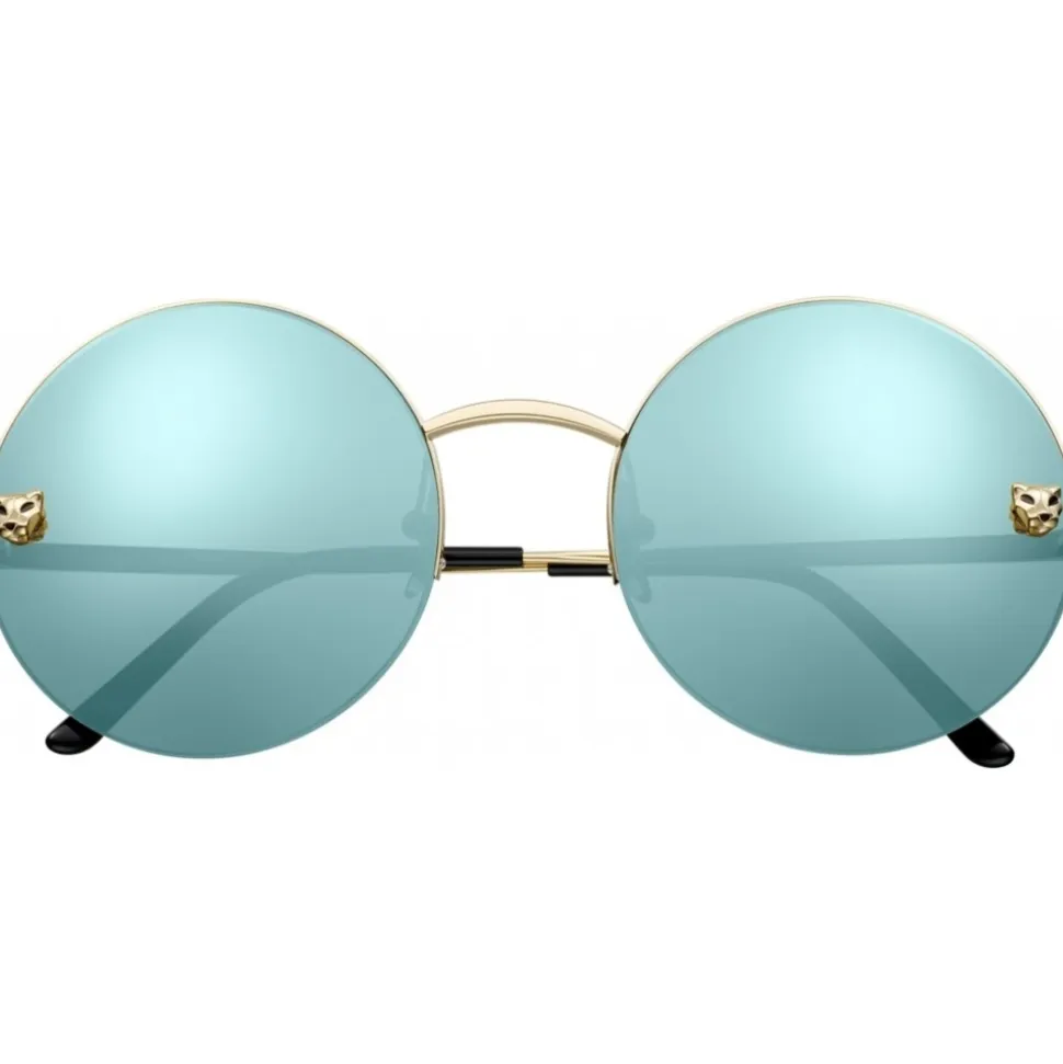 Cartier - Round - Golden Metal, Gold Finish Champagne, Blue - Panthère de Cartier - Sunglasses - Cartier Eyewear - Avvenice