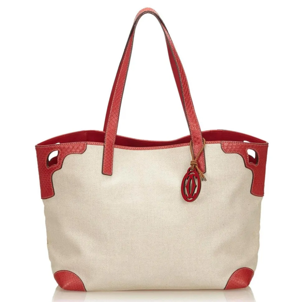 Cartier Vintage - Canvas Marcello De Cartier Tote Bag - Ivory Red - Fabric, Leather and Python Leather Bag - Luxury High Quality - Avvenice