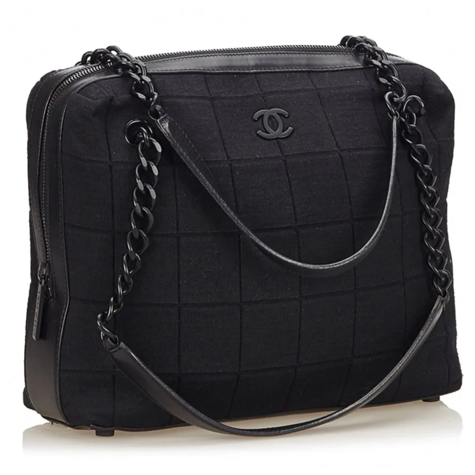 Chanel Vintage - Choco Bar Chain Cotton Handbag Bag - Black - Leather and Canvas Handbag - Luxury High Quality - Avvenice