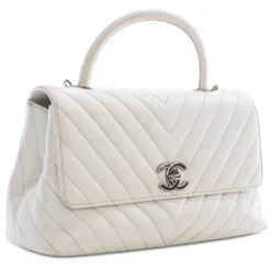 Chanel Vintage - Medium Caviar Chevron Coco Top Handle Satchel - White - Leather and Lambskin Handbag - Luxury High Quality - Avvenice