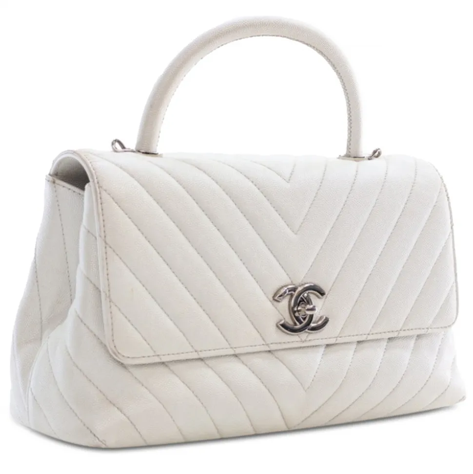 Chanel Vintage - Medium Caviar Chevron Coco Top Handle Satchel - White - Leather and Lambskin Handbag - Luxury High Quality - Avvenice