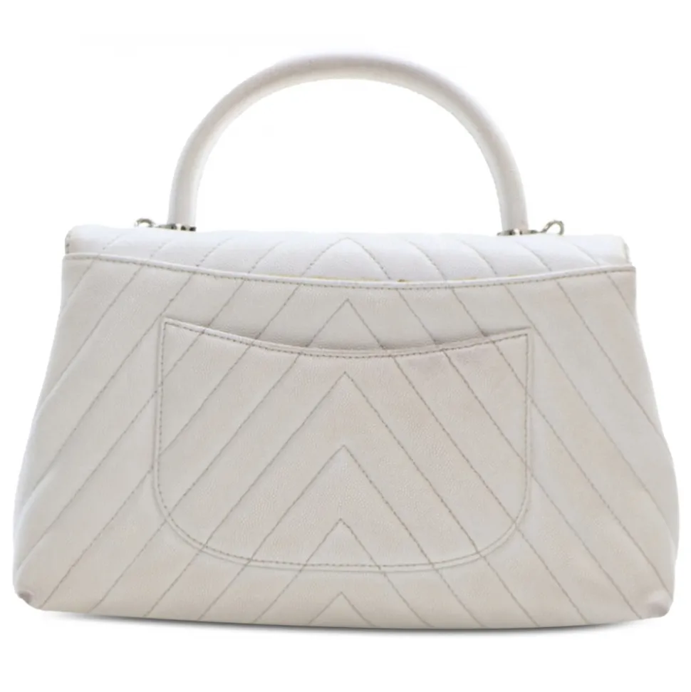 Chanel Vintage - Medium Caviar Chevron Coco Top Handle Satchel - White - Leather and Lambskin Handbag - Luxury High Quality - Avvenice