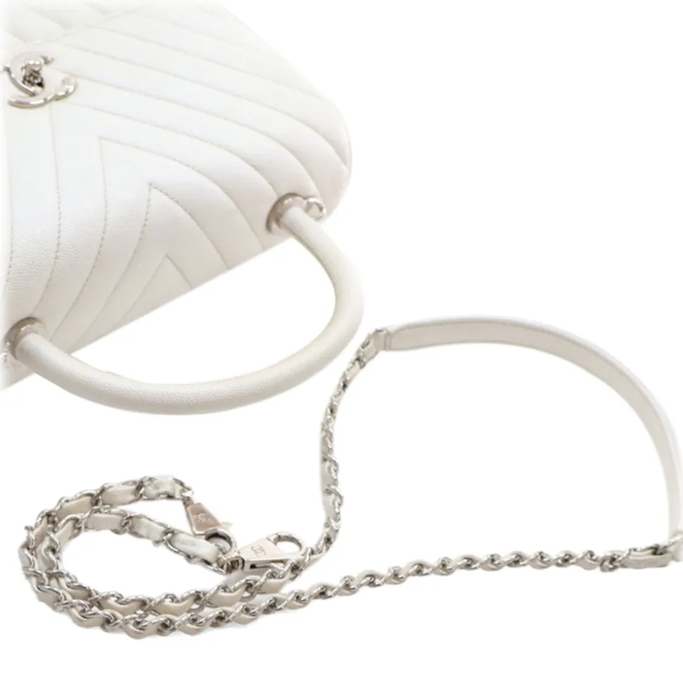 Chanel Vintage - Medium Caviar Chevron Coco Top Handle Satchel - White - Leather and Lambskin Handbag - Luxury High Quality - Avvenice