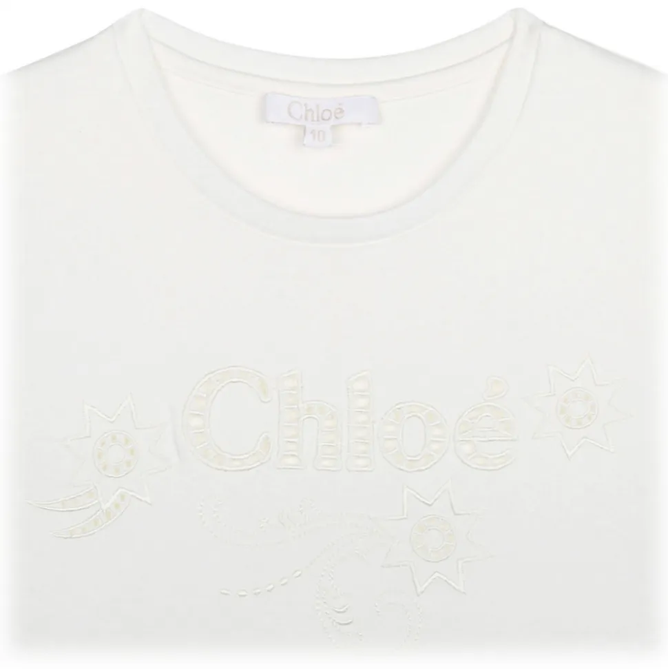 Chloé - White Embroidered Carved Logo T-Shirt - Chloé Exclusive Luxury Collection - Avvenice
