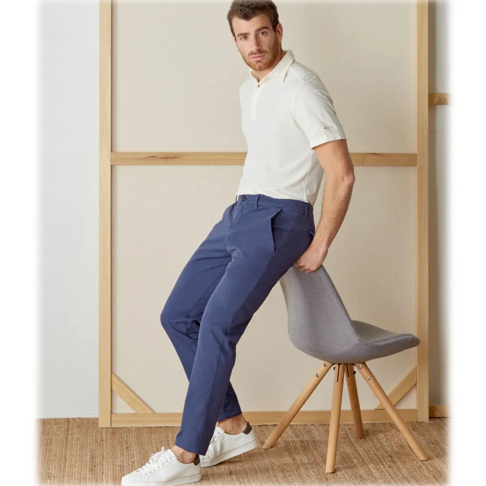 Cruna - Marais Trousers in Cotton - 510 - Blue - Handmade in Italy - Luxury High Quality Pants - Avvenice