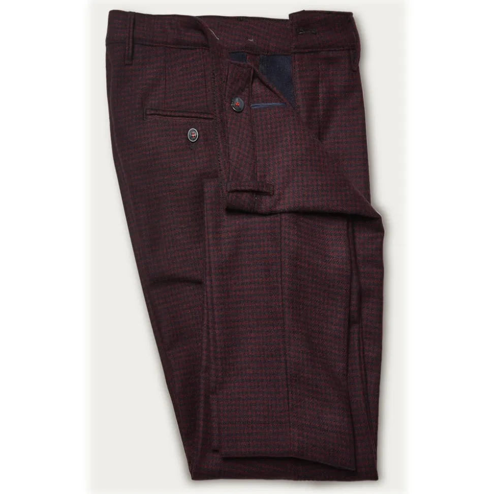 Cruna - New Town Trousers in Pied-de-Poule Wool - 482 - Bordeaux - Handmade in Italy - Luxury High Quality Pants - Avvenice
