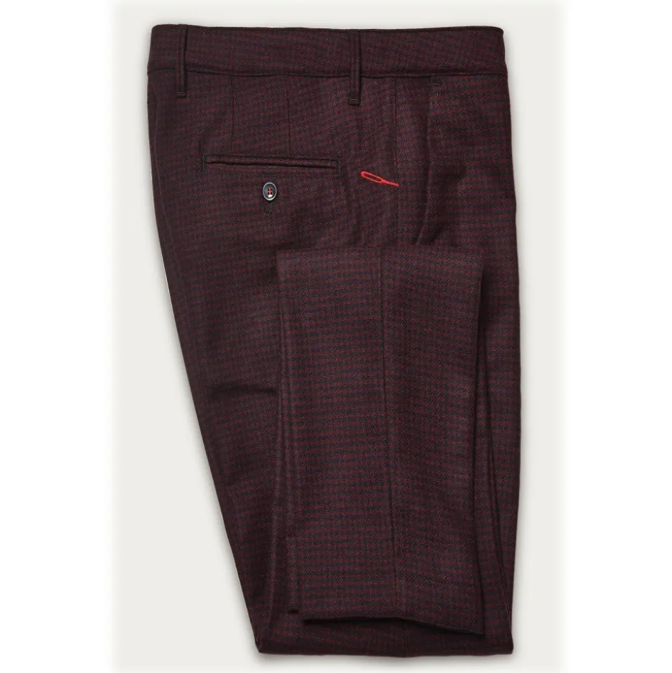 Cruna - New Town Trousers in Pied-de-Poule Wool - 482 - Bordeaux - Handmade in Italy - Luxury High Quality Pants - Avvenice