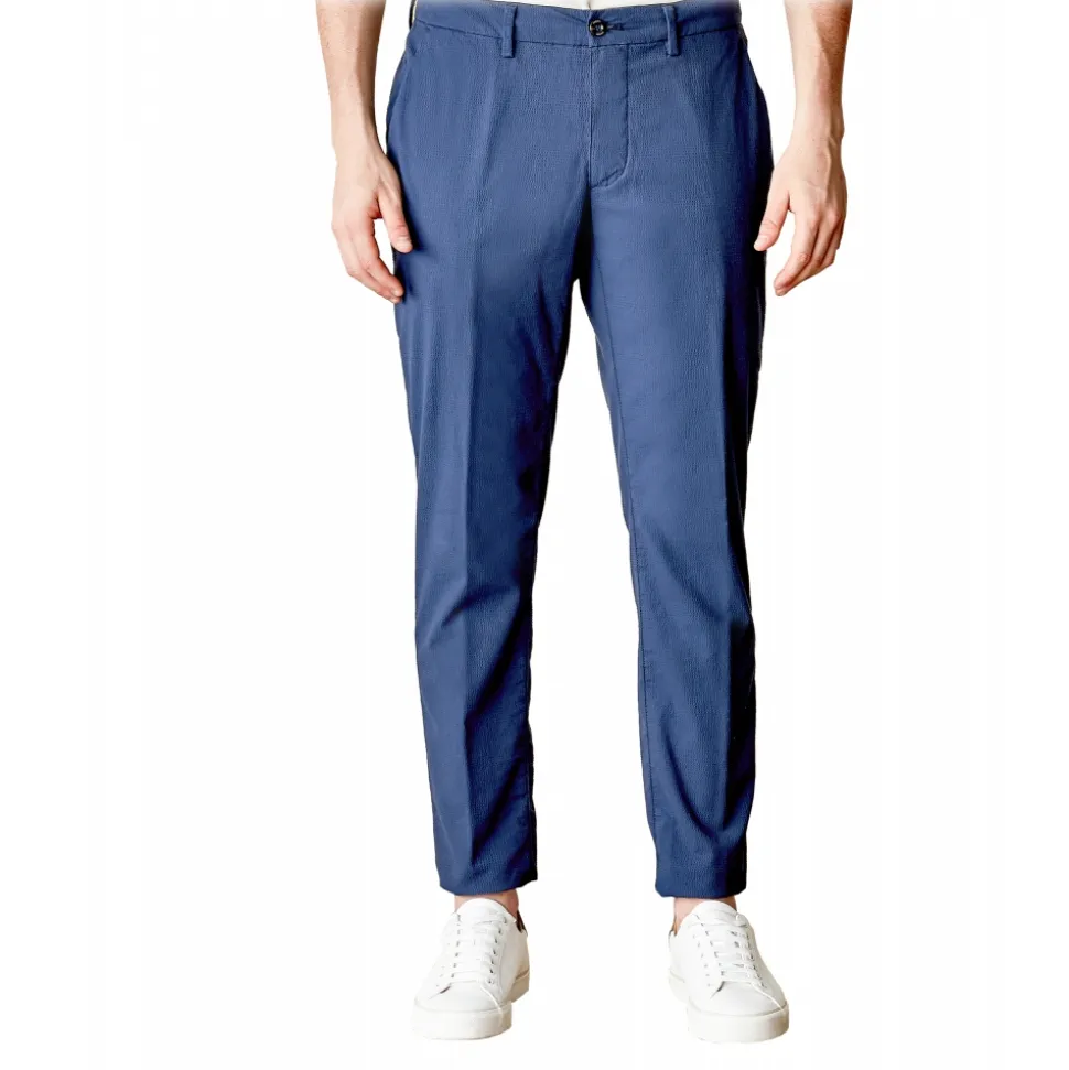 Cruna - New Town Trousers in Seersucker - 521 - Navy - Handmade in Italy - Luxury High Quality Pants - Avvenice