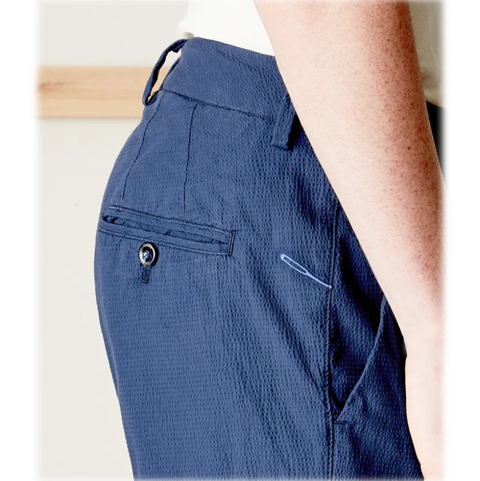 Cruna - New Town Trousers in Seersucker - 521 - Navy - Handmade in Italy - Luxury High Quality Pants - Avvenice