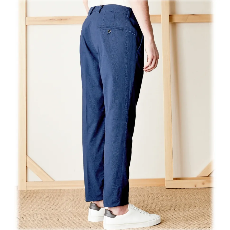 Cruna - New Town Trousers in Seersucker - 521 - Navy - Handmade in Italy - Luxury High Quality Pants - Avvenice