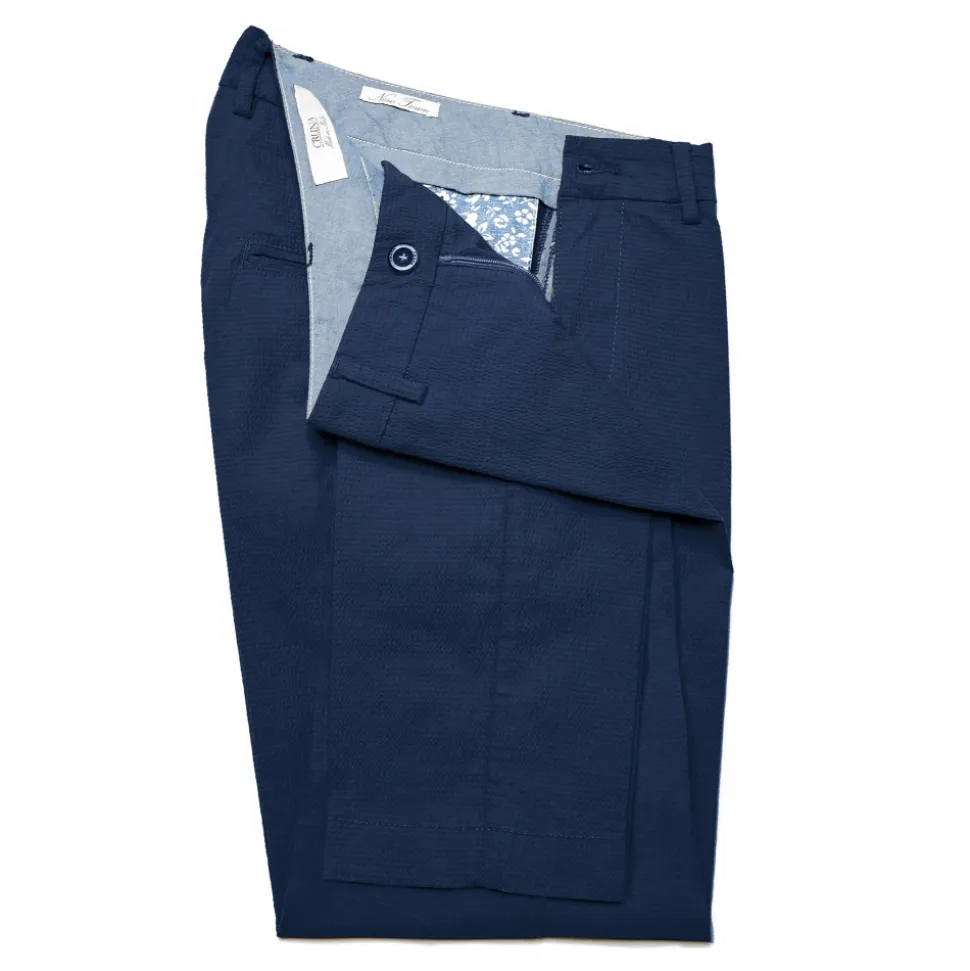 Cruna - New Town Trousers in Seersucker - 521 - Navy - Handmade in Italy - Luxury High Quality Pants - Avvenice