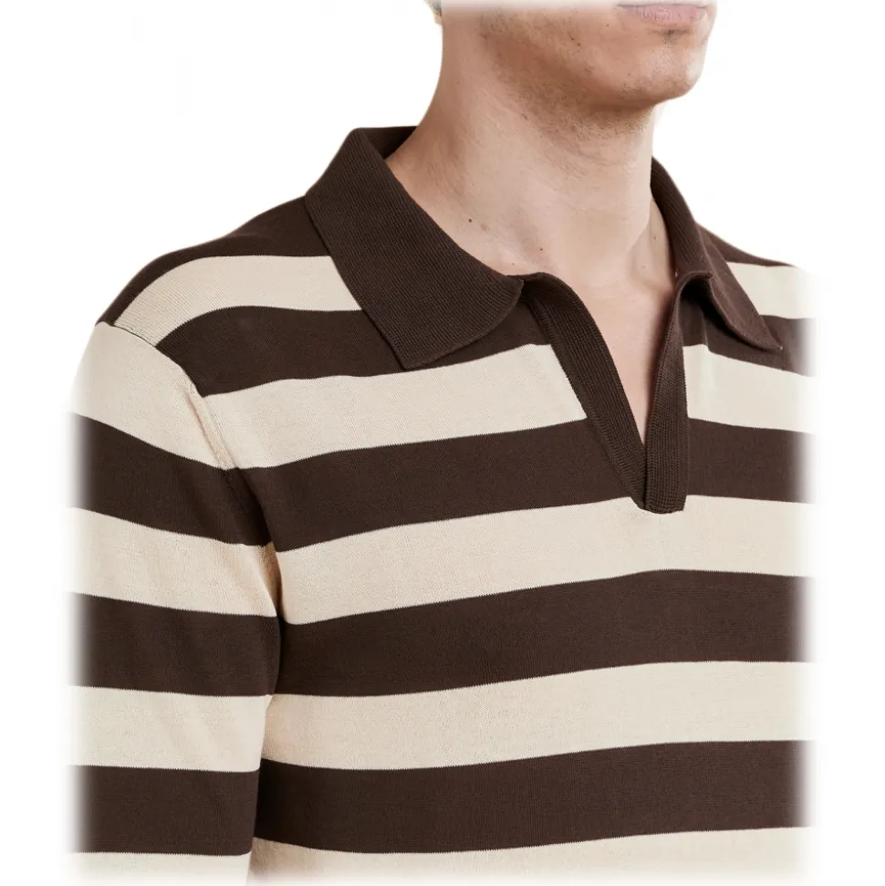 Cruna - Portofino Stripes Knitted Polo - 1530 - Dark Brown - Handmade in Italy - Luxury High Quality Collection - Avvenice