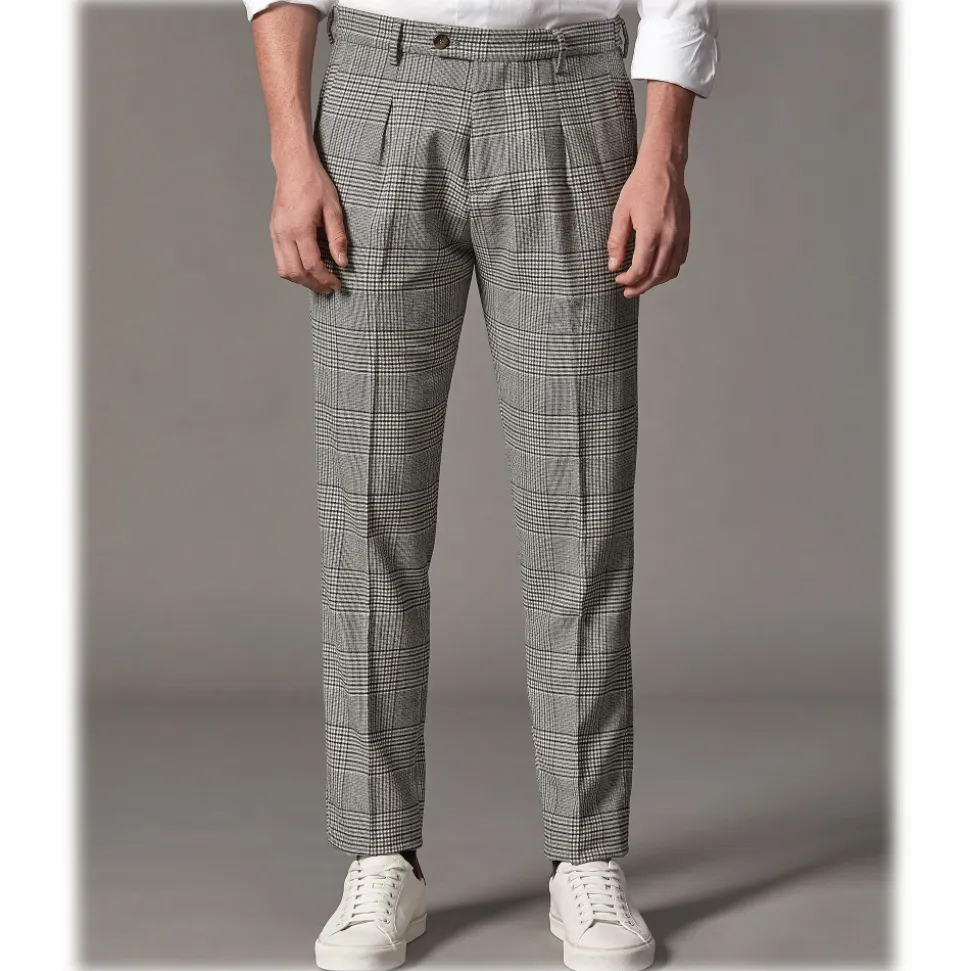 Cruna - Raval Prince of Wales Wool Trousers - 474 - Anthracite - Handmade in Italy - Luxury High Quality Pants - Avvenice