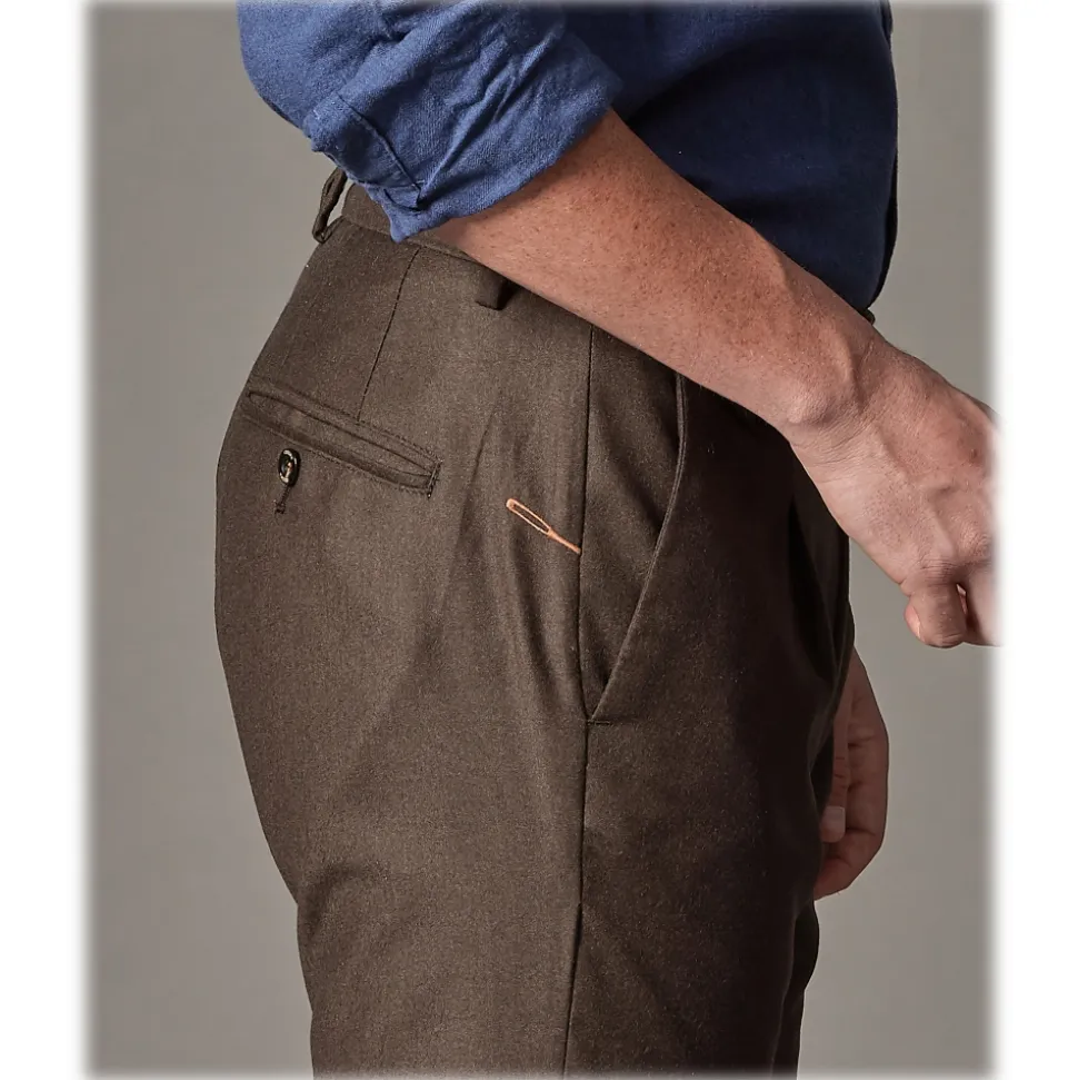 Cruna - Raval Trousers in Wool Flannel - 628 - Coffee Brown - Handmade in Italy - Luxury High Quality Pants - Avvenice