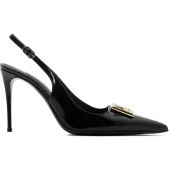 Dolce & Gabbana - Black Calf Leather Logo Plaque Slingback Pumps - Dolce & Gabbana Exclusive Luxury Collection - Avvenice