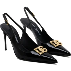 Dolce & Gabbana - Black Calf Leather Logo Plaque Slingback Pumps - Dolce & Gabbana Exclusive Luxury Collection - Avvenice