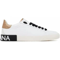 Dolce & Gabbana - White, Black and Gold Calf Leather Portofino Low Top Sneakers - Dolce & Gabbana Exclusive Luxury Collection - Avvenice