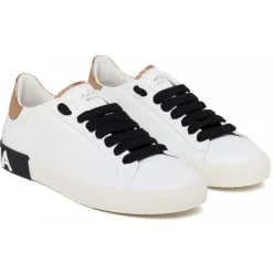 Dolce & Gabbana - White, Black and Gold Calf Leather Portofino Low Top Sneakers - Dolce & Gabbana Exclusive Luxury Collection - Avvenice