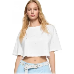 Dondup - Cropped T-shirt with Beaded Detail - White - T-shirt - Luxury Exclusive Collection - Avvenice