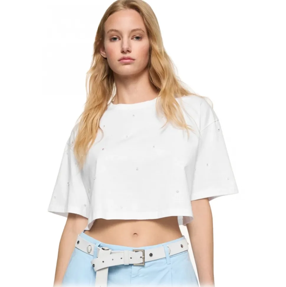 Dondup - Cropped T-shirt with Beaded Detail - White - T-shirt - Luxury Exclusive Collection - Avvenice