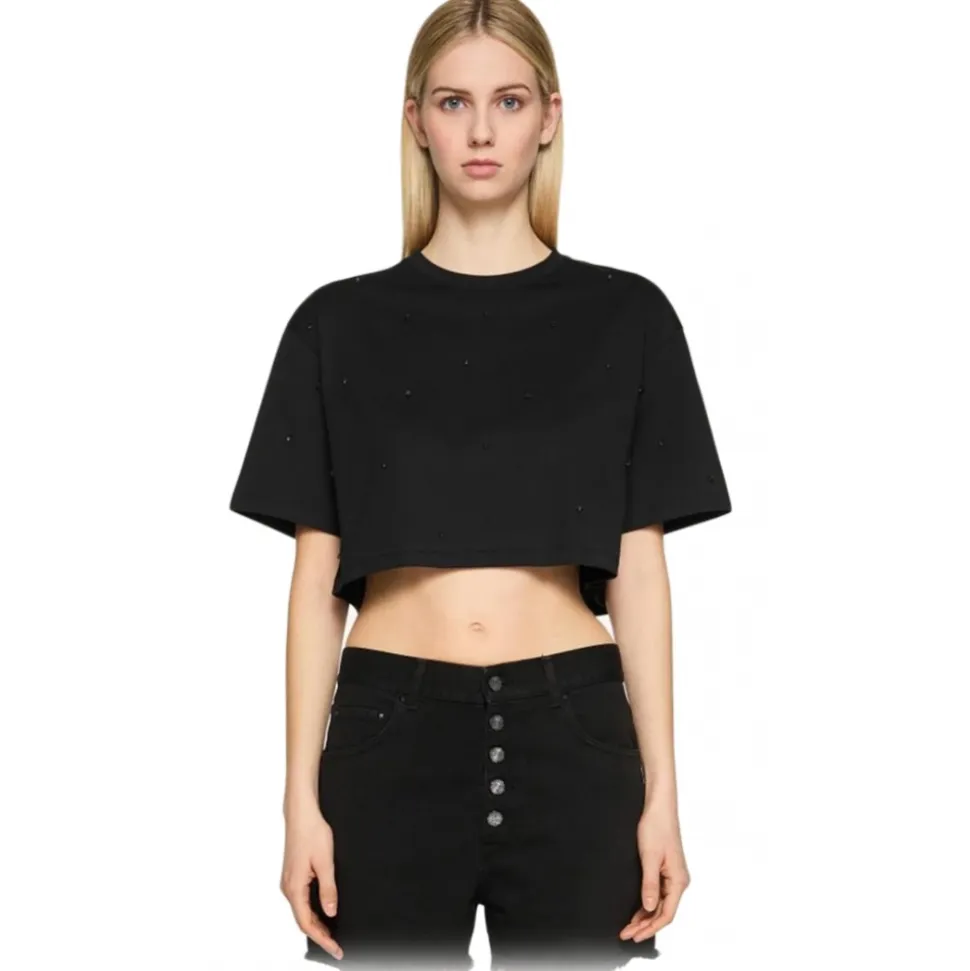 Dondup - Cropped T-shirt with Beaded Detail - Black - T-shirt - Luxury Exclusive Collection - Avvenice