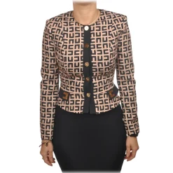 Elisabetta Franchi - Collarless Jacket in Logo Pattern - Black/Beige - Jacket - Made in Italy - Luxury Exclusive Collection - Avvenice
