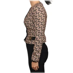 Elisabetta Franchi - Collarless Jacket in Logo Pattern - Black/Beige - Jacket - Made in Italy - Luxury Exclusive Collection - Avvenice
