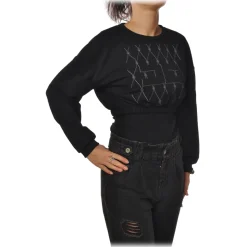 Elisabetta Franchi - Cropped Sweatshirt with Print - Black - Sweatshirt - Made in Italy - Luxury Exclusive Collection - Avvenice