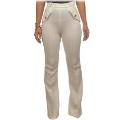 Elisabetta Franchi - Flared Leg Pants with Gold Buttons - Cream - Trousers - Made in Italy - Luxury Exclusive Collection - Avvenice