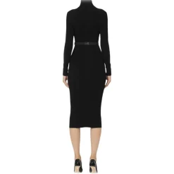 Elisabetta Franchi - High Neck Ribbed Longuette Dress - Black - Dress - Made in Italy - Luxury Exclusive Collection - Avvenice