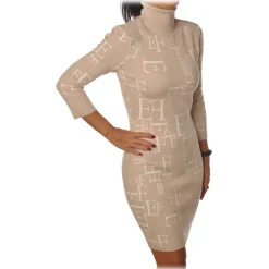 Elisabetta Franchi - High-Neck Dress in Logoed Fantasy - Beige/White - Dress - Made in Italy - Luxury Exclusive Collection - Avvenice