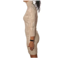 Elisabetta Franchi - High-Neck Dress in Logoed Fantasy - Beige/White - Dress - Made in Italy - Luxury Exclusive Collection - Avvenice