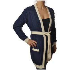 Elisabetta Franchi - Long Cardigan with Belt - Blue Navy - Sweater - Made in Italy - Luxury Exclusive Collection - Avvenice