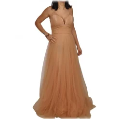 Elisabetta Franchi - Long Tulle Dress with Pleated Skirt - Beige - Dress - Made in Italy - Luxury Exclusive Collection - Avvenice