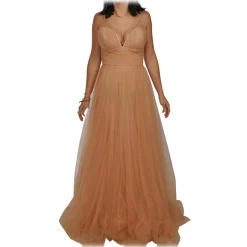 Elisabetta Franchi - Long Tulle Dress with Pleated Skirt - Beige - Dress - Made in Italy - Luxury Exclusive Collection - Avvenice