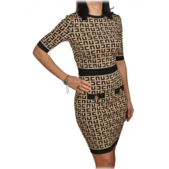Elisabetta Franchi - Monogram Patterned Sheath Dress - Black/Beige - Dress - Made in Italy - Luxury Exclusive Collection - Avvenice